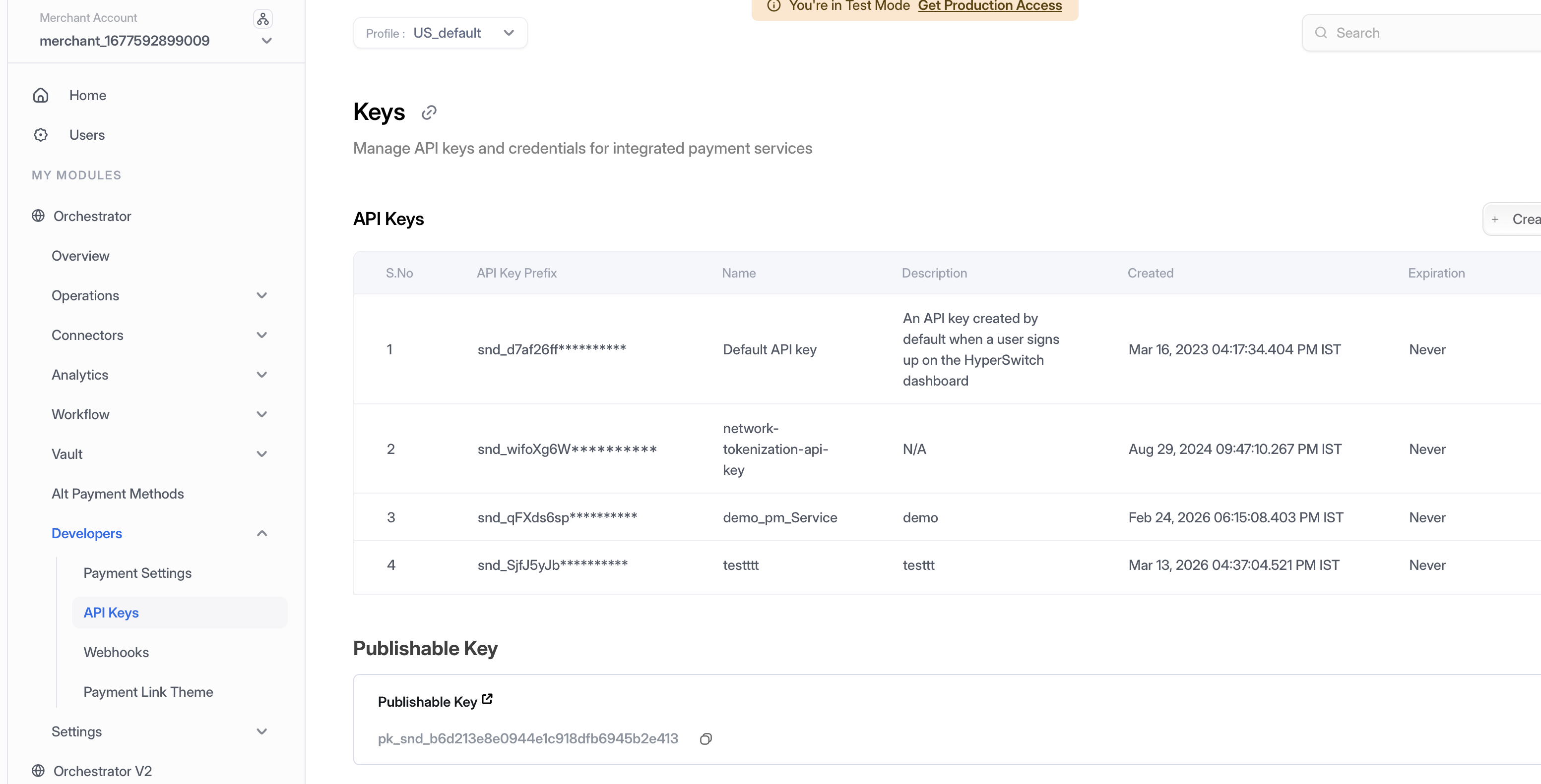 API Keys dashboard