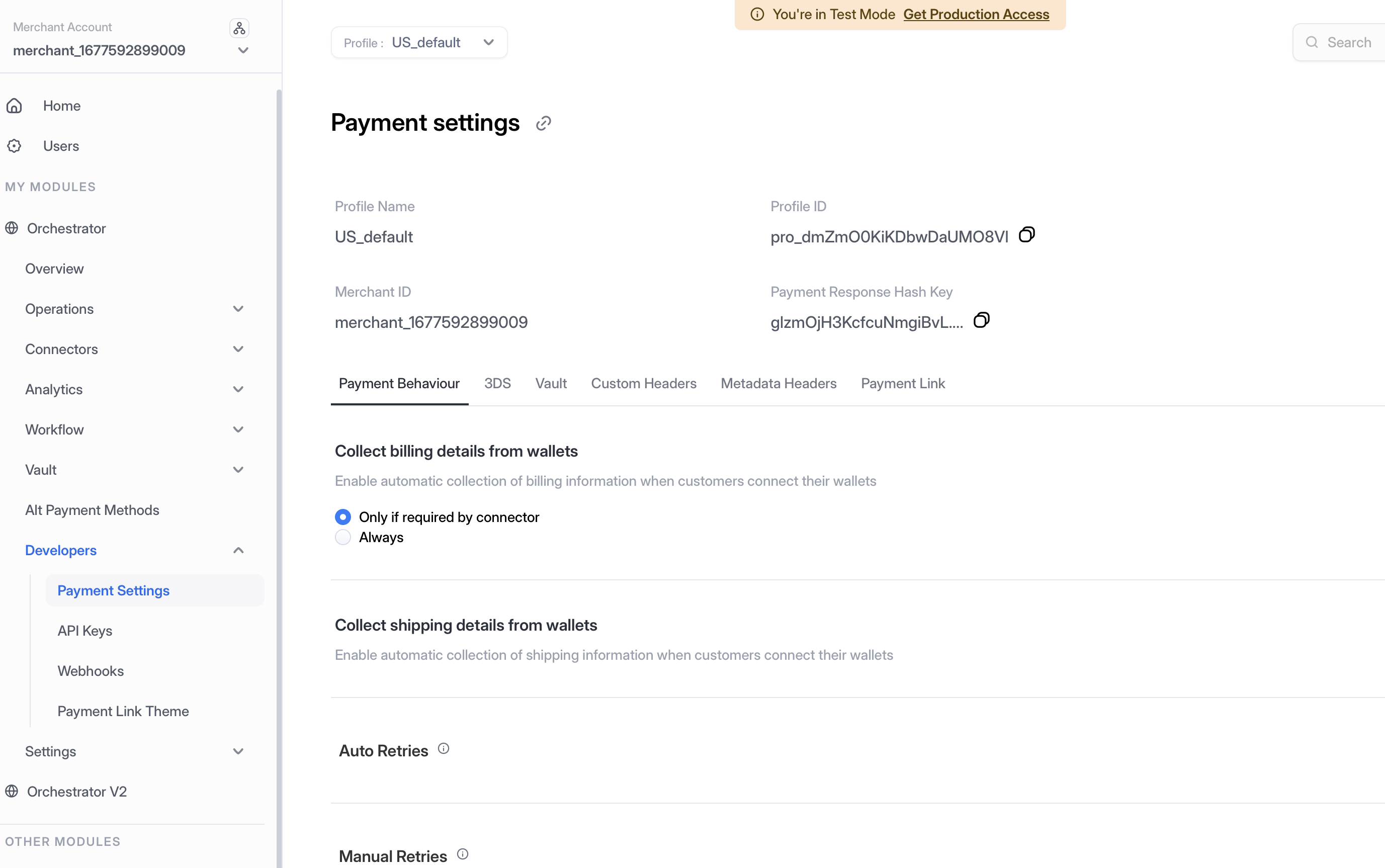 Payment settings - profile ID